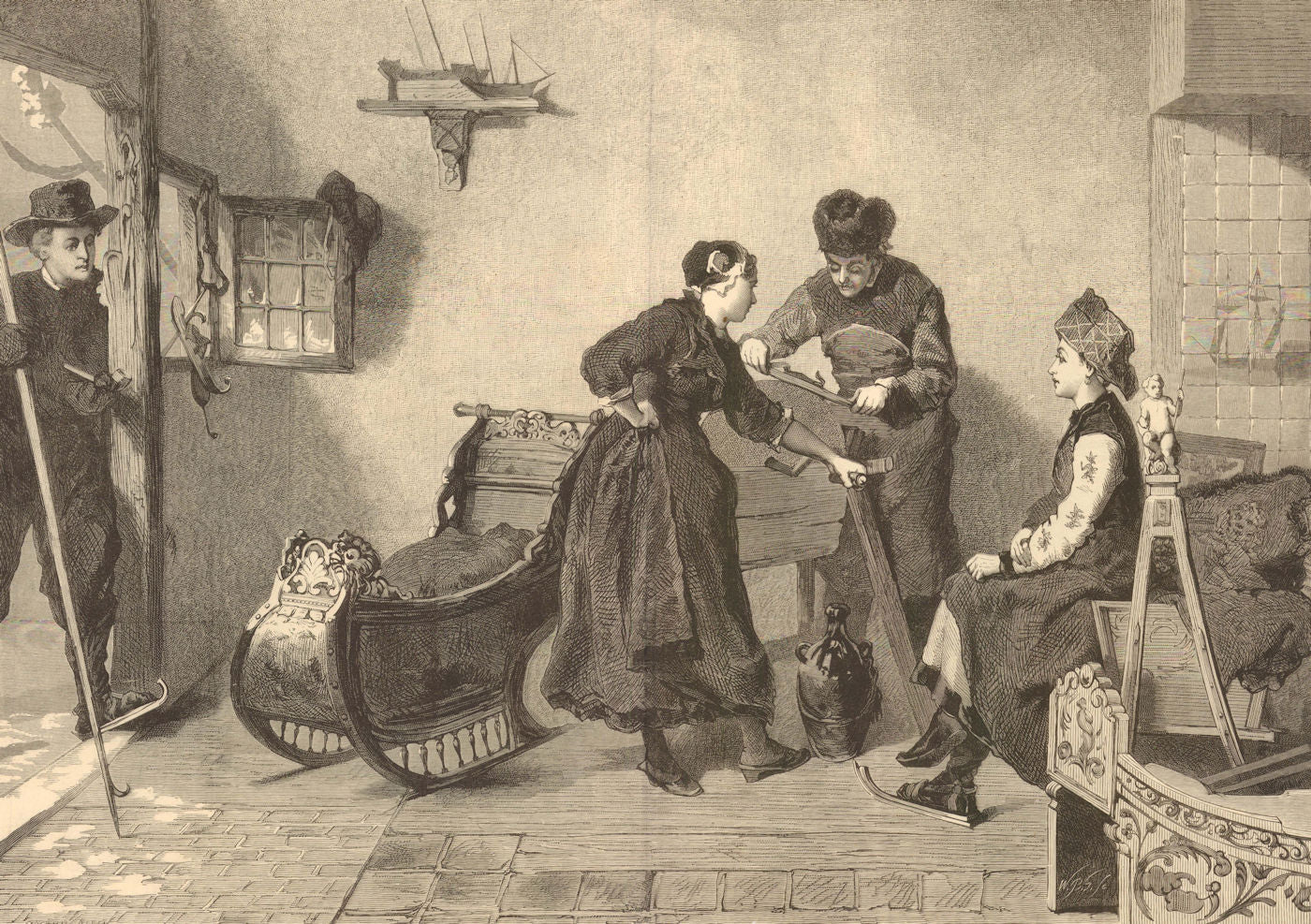 Grinding an ice skate in Friesland. Netherlands 1877 old antique print picture